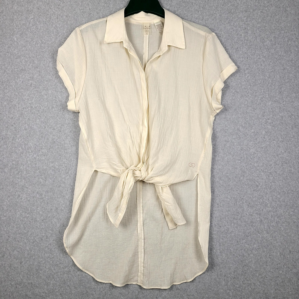 Calia Carrie Underwood Womens Button Up Shirt Small Cream Tie Hem Short Sleeve